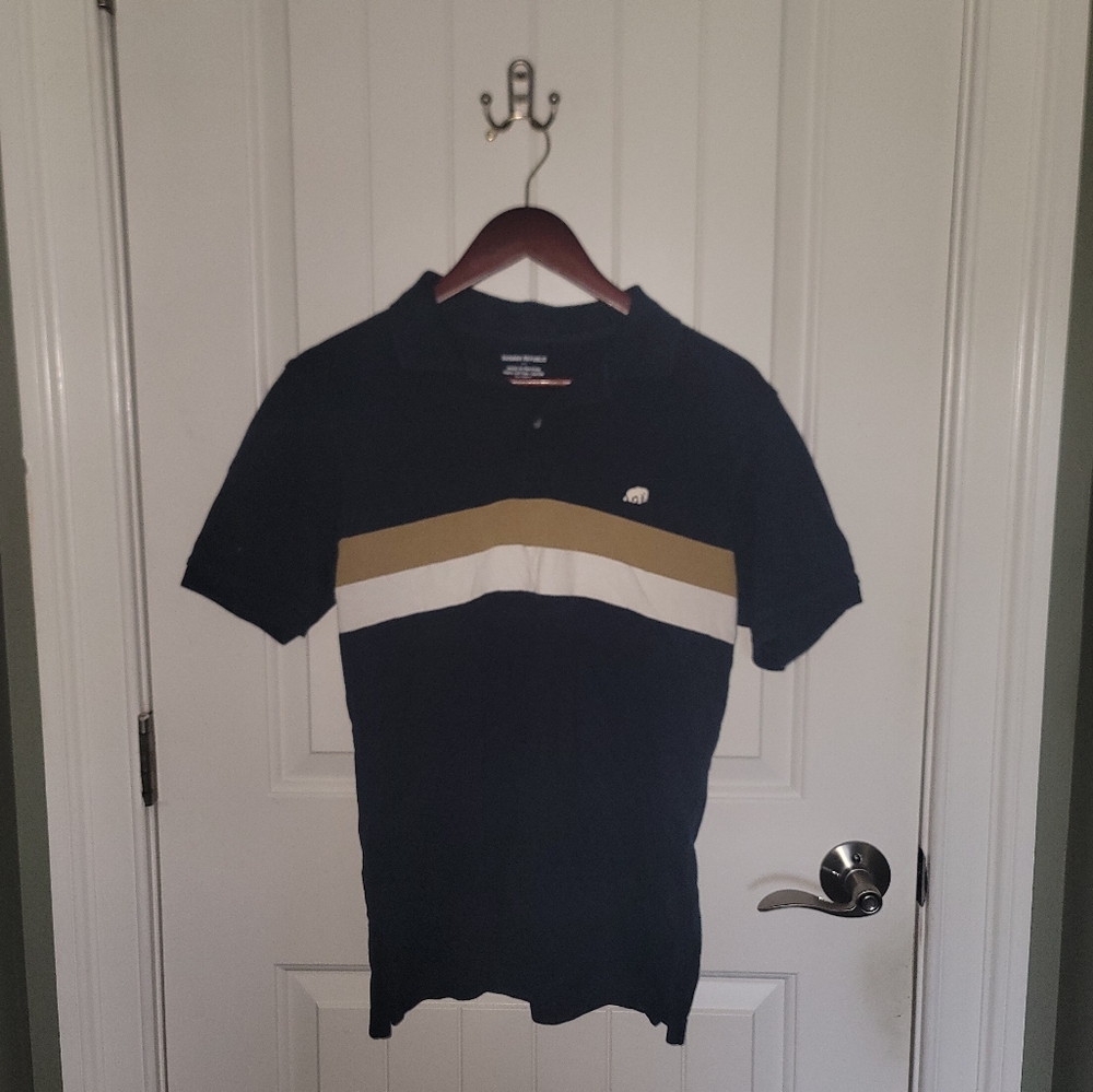 NWT Banana Republic Navy Gold White Stripe Polo Cotton Mens Small CA17897